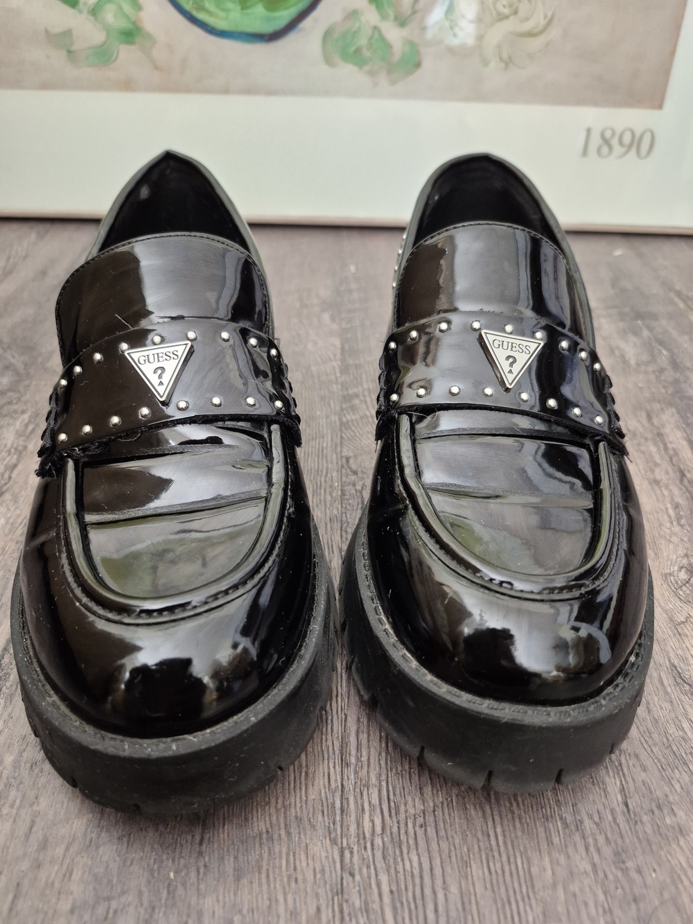 GUESS Black Patent Leather Studded Penny Loafers - Size 8.5